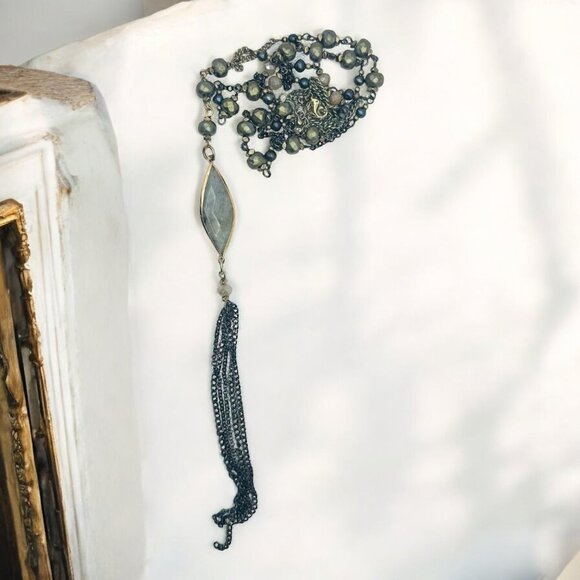 Handcrafted Beaded Necklace With Labradorite Pendant & Tassel Gunmetal Chain - Picture 9 of 11